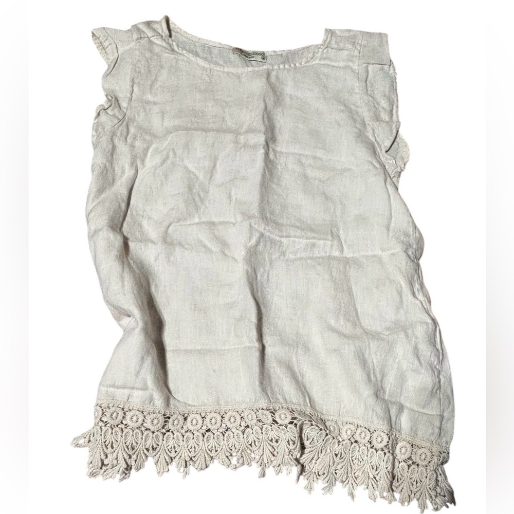 Terzo Millennio Ivory Cap Sleeve 100% Linen Blouse Top Crochet Eyelet Hem Med